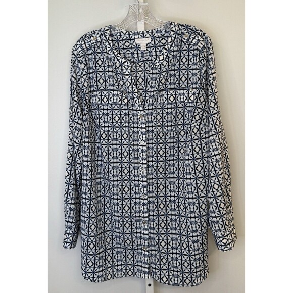Charter Club Woman 1X Blue White Geometric Print Blouse Long Sleeve Button Front - Picture 1 of 10